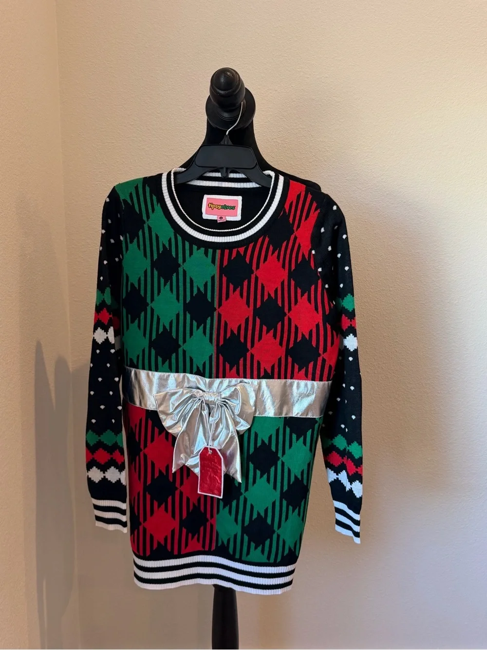 Maternity Christmas Best Gift Ever Red & Green Diamond Bow Sweater M